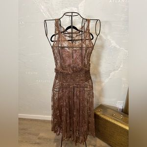 NWT Rebecca Taylor Brown Lace Elastic Midi Dress with Mauve liner 10